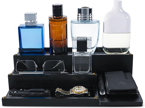 Wooden Cologne Stand Organizer for Men - Bamboo 4 Tier Display Black