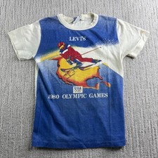 Vintage Levis 1980 Olympic Games USA Skiing T-Shirt Kids Size 12-14 White Blue