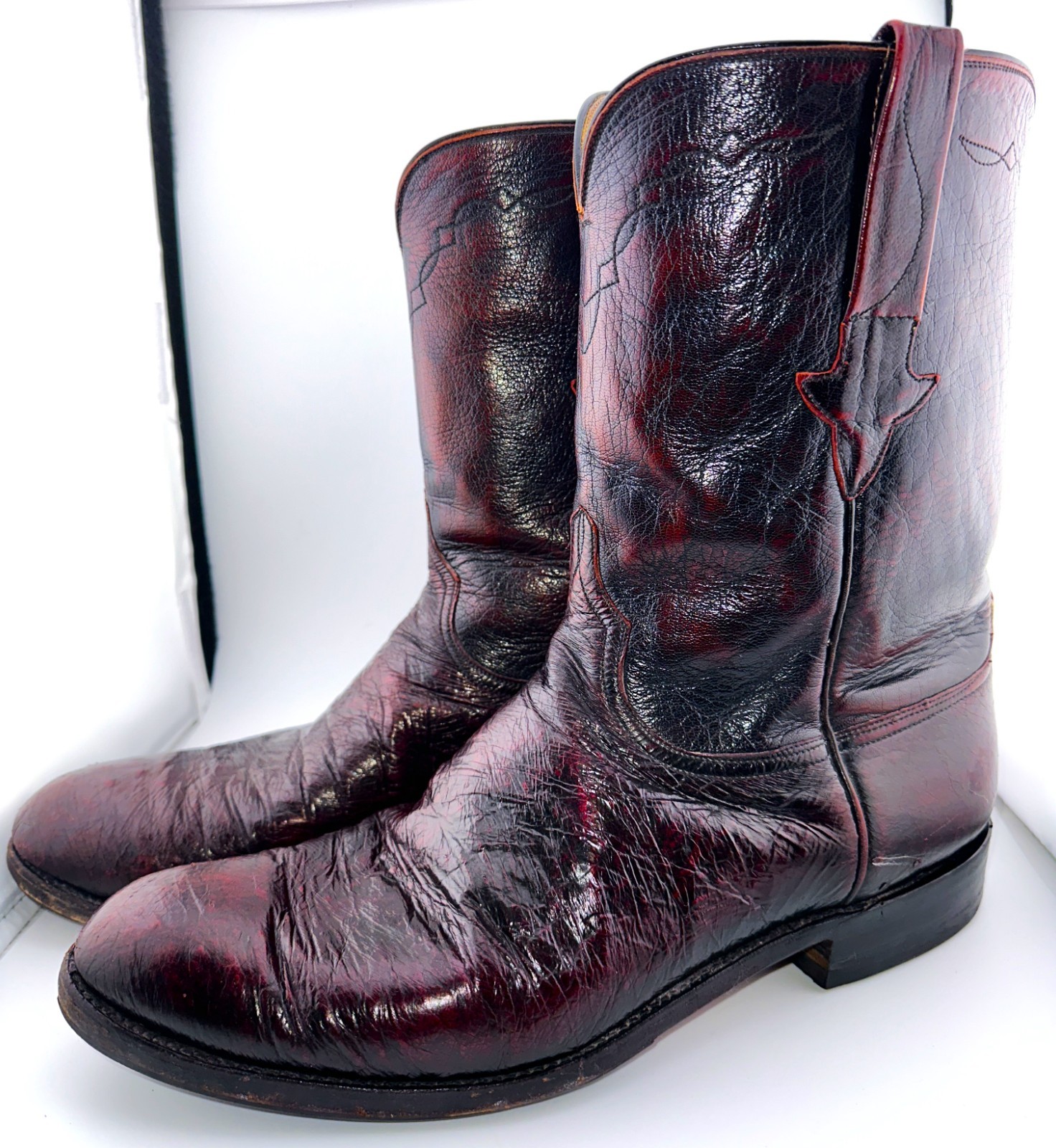 Vintage Lucchese 1883 Roper Cowboy Boots Black Cherry Size 12 D Made in USA