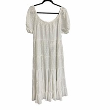 Doen Pure Cotton Puff Sleeve Maxi Dress White Cream Floral Embroidered Womens XS
