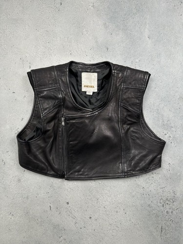 Vintage Diesel Leather Cropped Vest Black Padded Shoulders