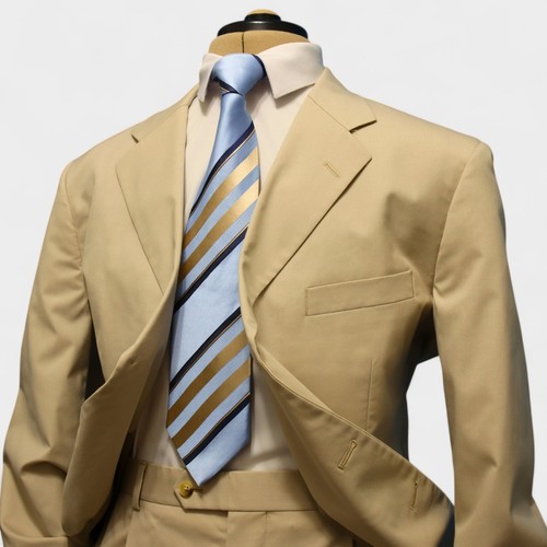 Brooks Brothers 2 Piece Suit 43R Beige Summer Cotton 346 Pleated 3 Button - Picture 2 of 20
