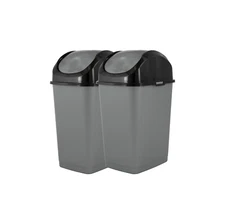 Superio 2 Pack Mini Plastic Trash Can with Swing Top Lid Grey/Black 1.25 Gal