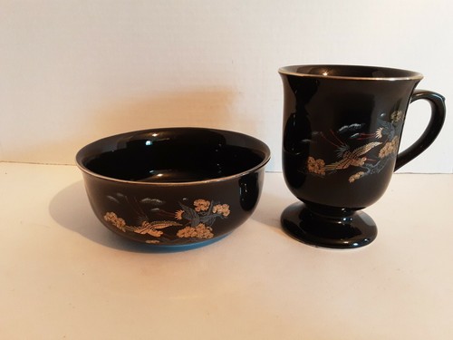 Vintage Japanese Bowl And Cup Set Cranes Black With Gold Trim