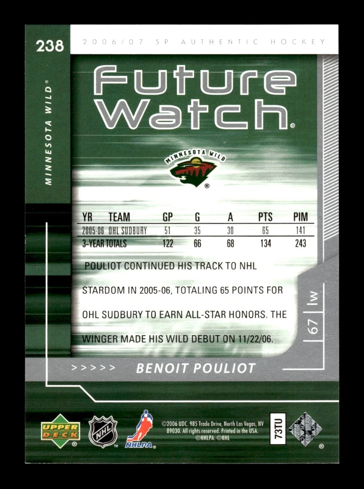 5-01-04 PWE 2006-07 spa sp authentic future watch 238 benoit pouliot rookie /999 - Image 2 of 2