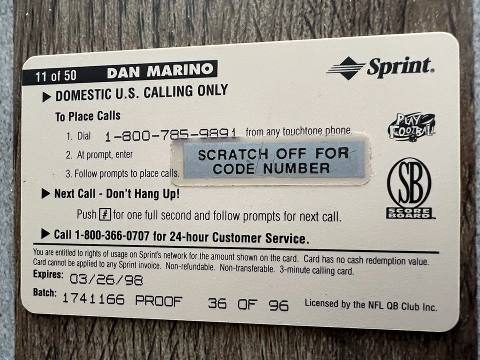 Dan Marino 1996 Pro Line II Intense Sprint PROOF Phone Cards #36 of 96 - Image 2 of 4