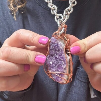 Druzy Amethyst Wire Wrapped Silver Aluminum Wire Wrapped Copper Necklace Pendant