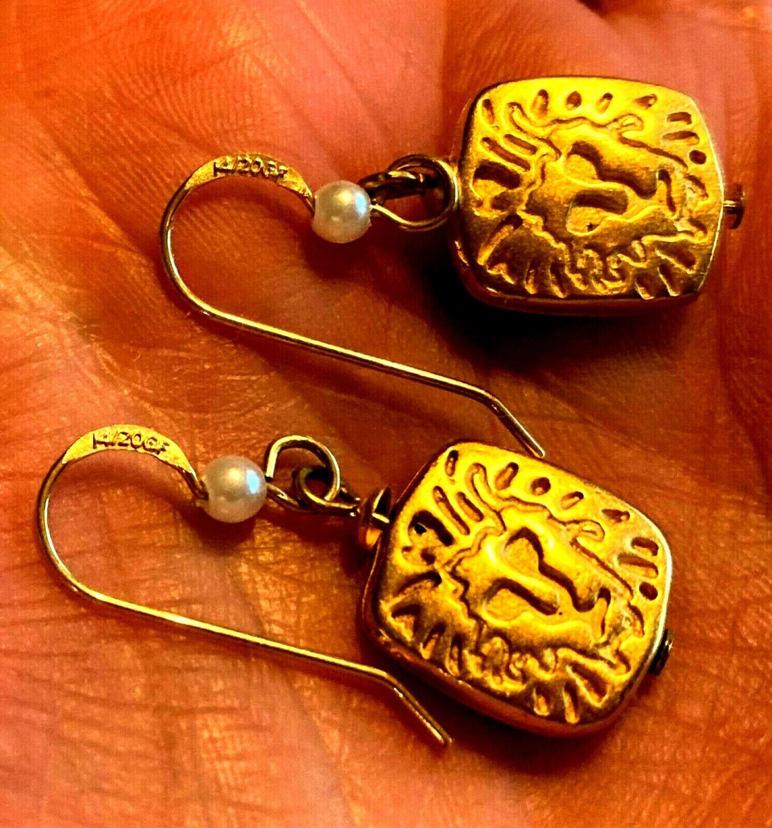 Anne Klein 14/20 GF LION HEAD earrings w pearl French wires marked gold  Small