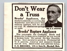 1919 Print Ad C E Brooks Rupture Appliance Don't Wear a Truss Marshall MIch
