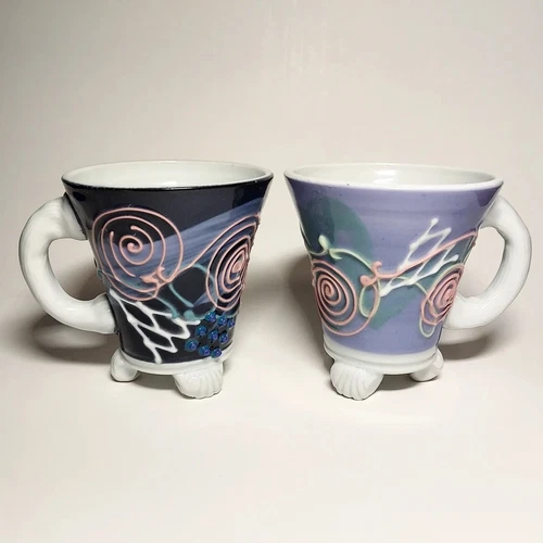 Set of 2 Vintage Abstract Swirl Art Pottery Footed Pink Purple Coffee Mugs