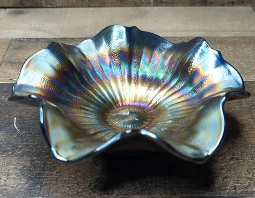 Vintage Cobalt Carnival Glass Bowl Ruffled Rim