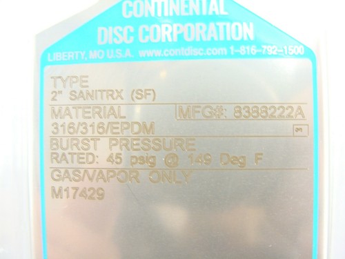 New Continental Disc 2" 50mm Sanitrx SF 316/316/EPDM 45 PSG Gas Rupture Disc - Picture 5 of 5