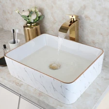 White Marble Bathroom Vessel Sink Rectangle Basin Sinks With Gold Faucet+ Drain