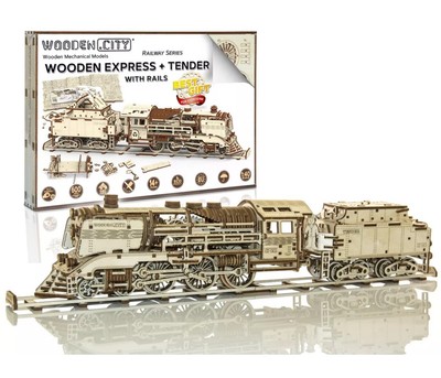 Wooden Express + Tender + Rails 3D Puzzle Mechanical Model Train DIY WOODEN.CITY