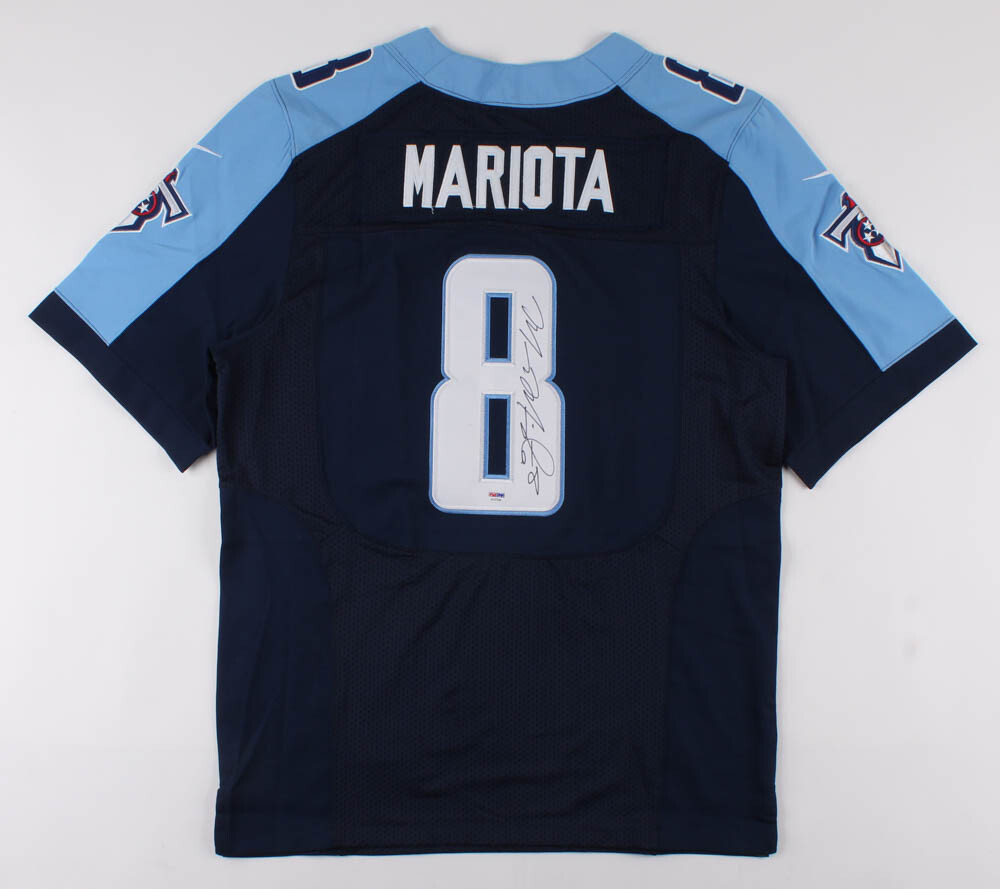 Marcus Mariota Autographed Signed Tennessee Titans #8 sz 44 blue jersey w/ PSA COA /hologram 