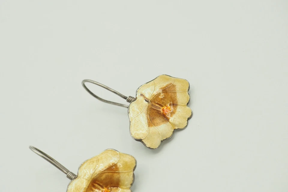 Pendientes colgantes florales esmalte flor oro plata esterlina laurel abedul de colección Foto 3 de 4
