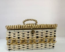 Vintage Wood Woven Wicker Satin Lining Craft Sewing Basket Storage Box Japan