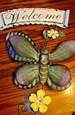 Distressed Metal 3-D Butterfly Welcome Sign Floral Wall Decor Door Wreath  636