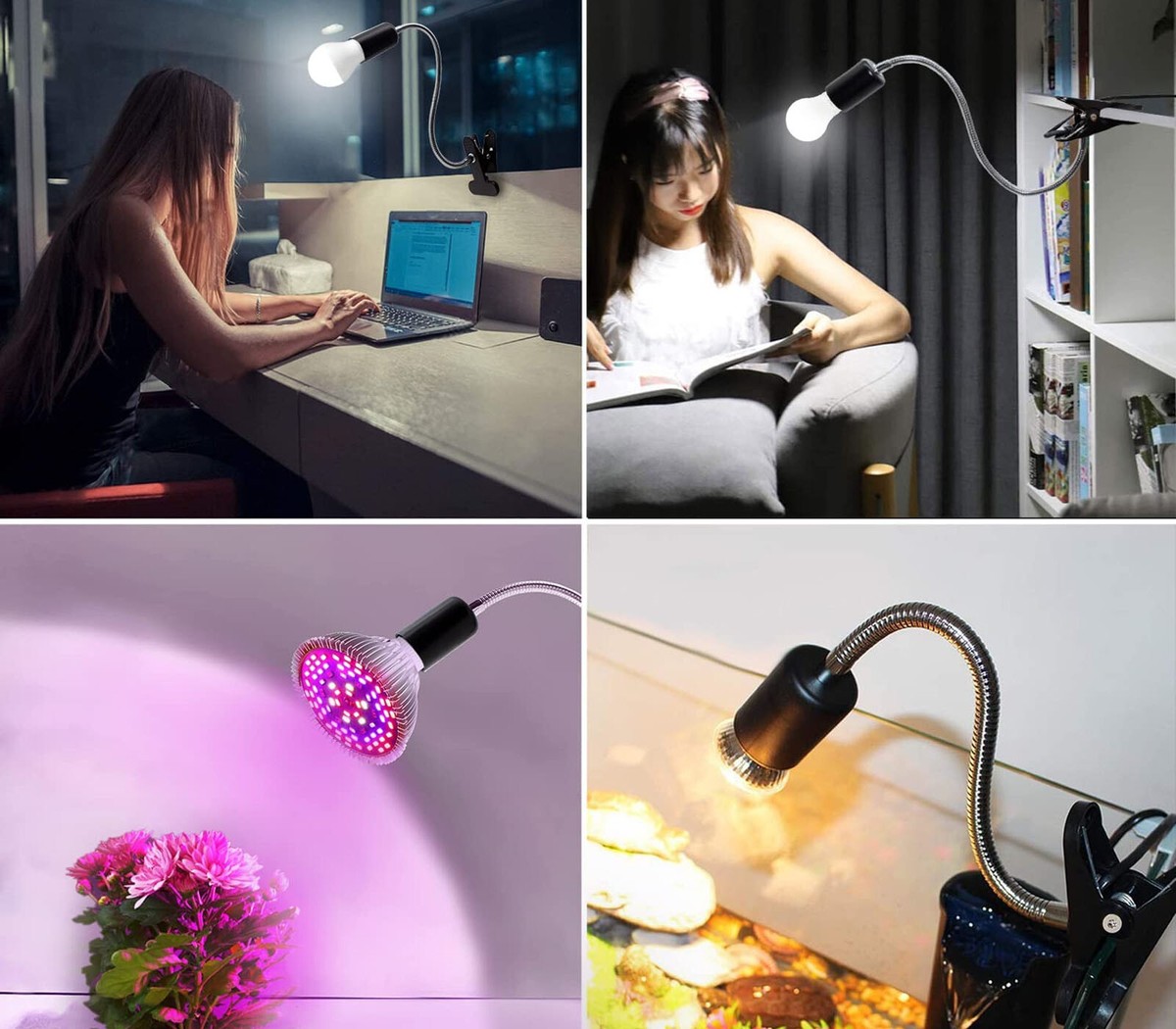 U/D Portalampada E27 Con Clip 2 Pz Lampada Da Comodino Con Morsetto E Interruttore, 30cm Flessibile Metallo Collo, Per Lampada Da Tavolo A LED Orientabile Clip, Trucco, Ufficio, Lettura Notturna