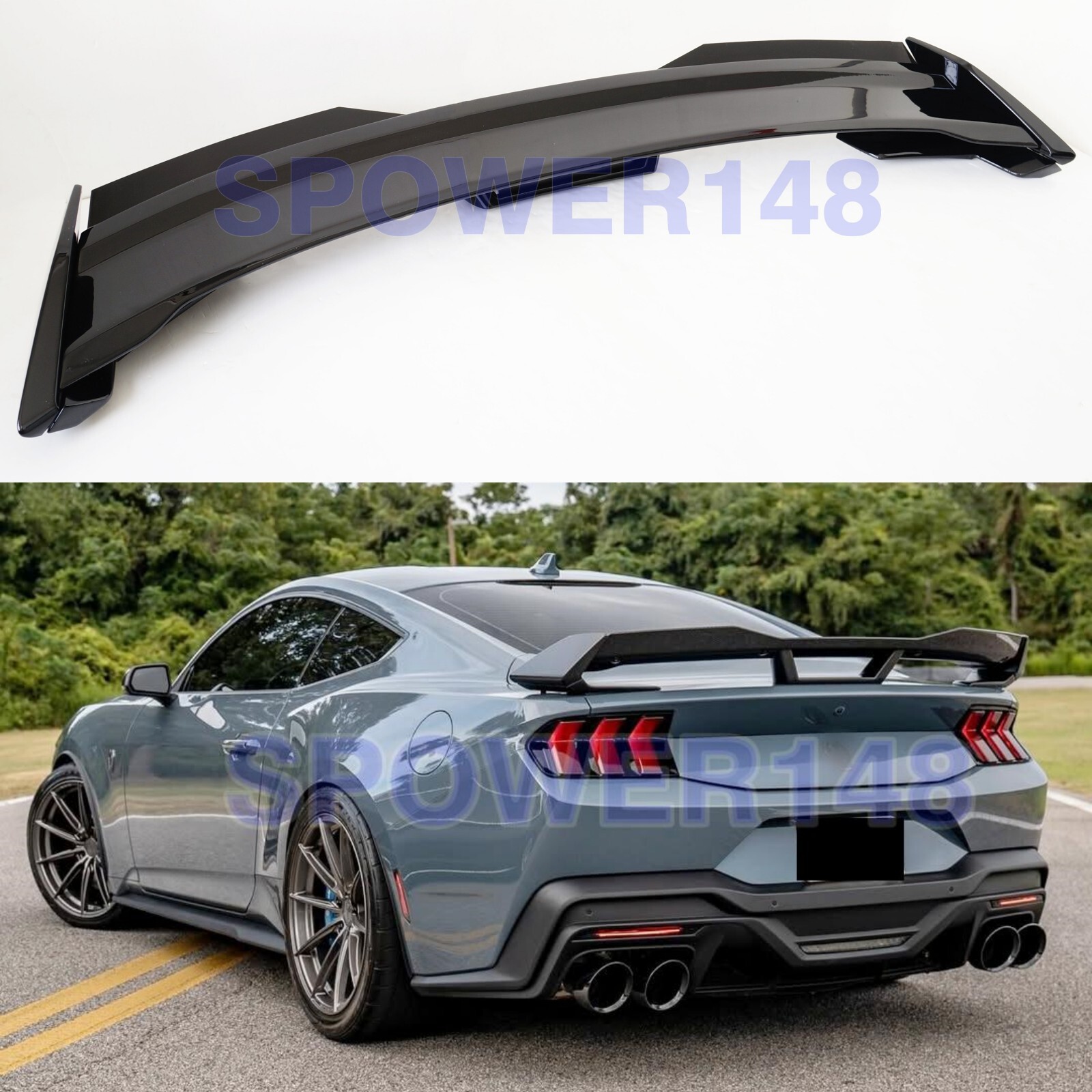 Fits 2024-2026 Ford Mustang Glossy Black Rear Trunk Spoiler Wing Wickerbill Flap