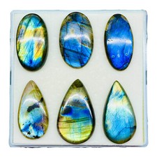 6 Pcs Natural Labradorite 36-40mm Huge Flashy Loose Untreated Cabochon Gemstones