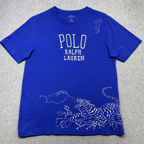 Polo Ralph Lauren Shirt Men Large Blue Tiger Spellout Graphic Print Tee