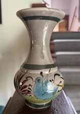 VTG 70s Tonala Mexican Hand Painted Stoneware Vase Folk Art Bird Signed  7”