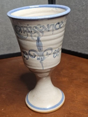 1988 Vintage Deneen Pottery HandDecorated White&Blue Glazed Renaissance Goblet