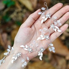 Silver Leaf Wedding Hair Vine, Flower, Crystal, Rhinestone, Long Headband