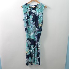 Charter Club Midi Dress Womens 2X Teal Blue Floral Belt Sleeveless Stretch
