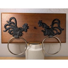 Vintage Double Cast Iron Rooster Towel Rings on Wood Plaque