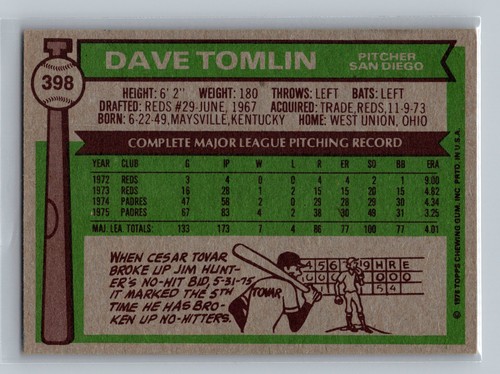 1976 Topps #398 Dave Tomlin San Diego Padres - Picture 2 of 2