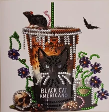 Finished Halloween Black Cat Drink Diamond Art Greeting Card with Envelope
