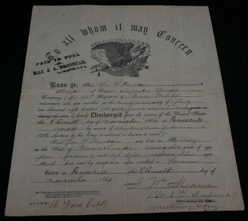 Civil War US Union Discharge Geo. F Davidson 42nd Massachusetts Militia 1863/64