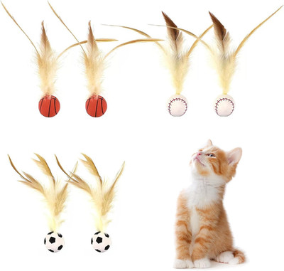 6 Stück Hüpfender Katzenball mit Feder, Interaktives Katzenspielzeug für Drinnen