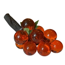 VTG MCM 12 Orange Amber Large Lucite Grapes On Driftwood W/ Leaves 8” Cluster