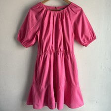 Ann Taylor S Small Hot Pink Poplin Puff Sleeve Pleated Neck Fit & Flare Dress