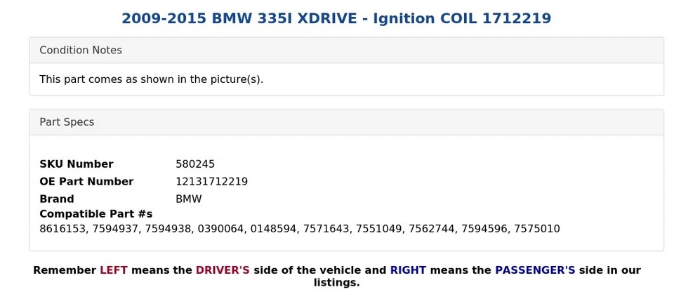 2009-2015 BMW 335I XDRIVE - Bobina de ignição 1712219 - Imagem 3 de 3
