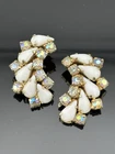 Vintage Teardrop Milk Glass Rhinestone Clip On Earrings Aurora Borealis Spray