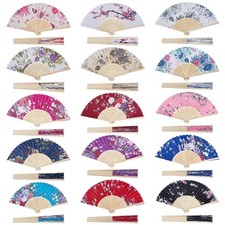 30Pcs Floral Folding Hand Fan, Chinese Bamboo Fans Vintage Cloth Fabric Decor...