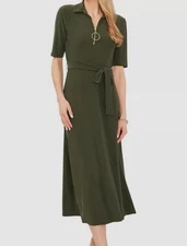 MSK Women Green Collared V-Neck Short-Sleeve Jersey Midi Fit Flare Dress Size M
