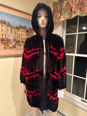 NEW ZUKI 33'' Black Red Sheared Beaver Fur Stroller Coat Jacket Size 16/18 Petite