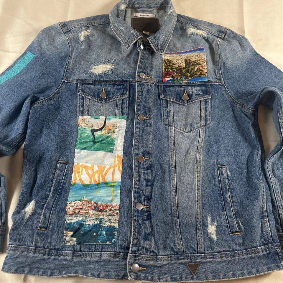 Chaqueta vaquera GUESS para hombre Dillon envejecida azul con parches, talla XXL, Hawaii Foto 2 de 4