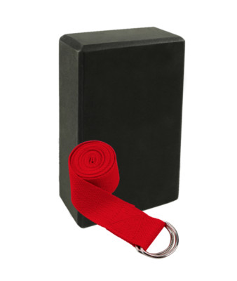 Black Yoga Block with Red Yoga Strap for Balance and Stability