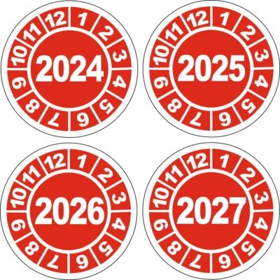 DIE-STICKERBAR Jahresplaketten 2024 2025 2026 2027 rot 20mm UVV Prüfplaketten BGV D27