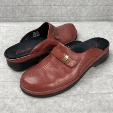 Clarks Collection Women's Red Leather Slip On Mules 7M Clogs Buckle