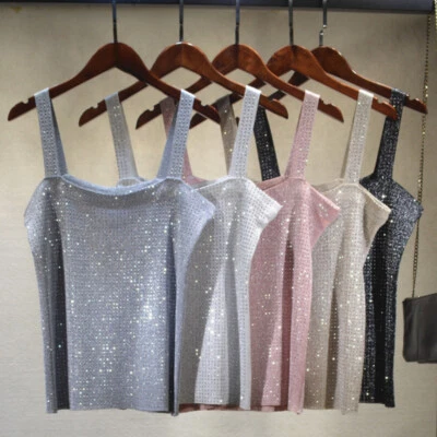 Damen Camisole Glitzer Tanktop Kristall Glänzend Weste Bluse Ärmellos Clubwear - Bild 1 von 4