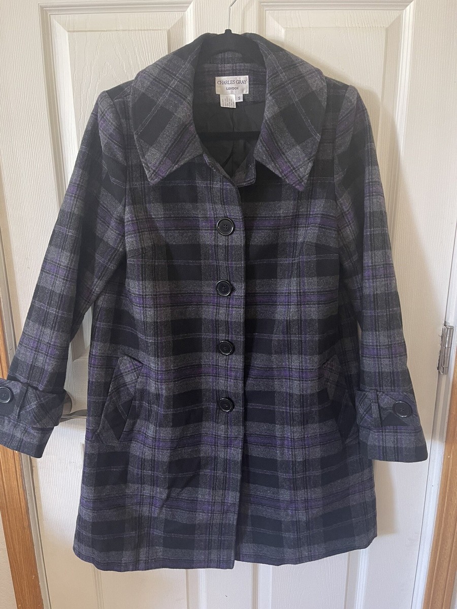 Charles Grey London Women’s Purple, Black And Gray Plaid Trench Coat Size S