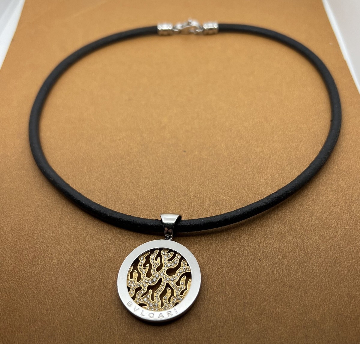 BVLGARI TONDO FIRE PAVE DIAMONDS PENDANT 18K GOLD & STEEL NECLACE