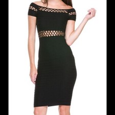 NEW Black Short Sleeve Slimming Seamless Dress With Cutout Detailing One Size